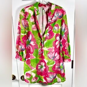 LILLY PULITZER 3/4 Sleeve Tropical Floral Blouse Tunic Pink Green 10